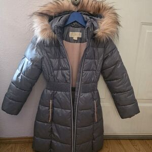 Michael Kors Gray Quilted Hooded Puffer with Faux Fur Trim